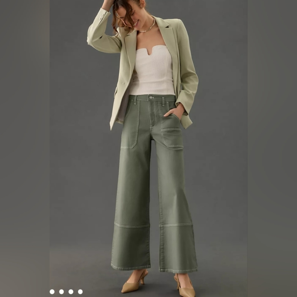 Maeve Stitched Olive Green High Rise Wide Leg Jeans Size 25 - Picture 9 of 10
